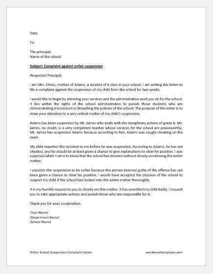 Unfair School Suspension Complaint Letter Download Free