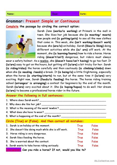 Reading Comprehension Present Simple Present Continuous Worksheet The