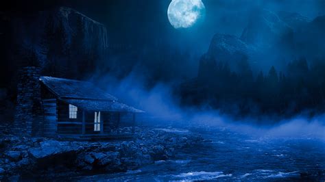 5120x2880 House Night Full Moon Fantasy Lake Flowing On Side 5k 5k Hd