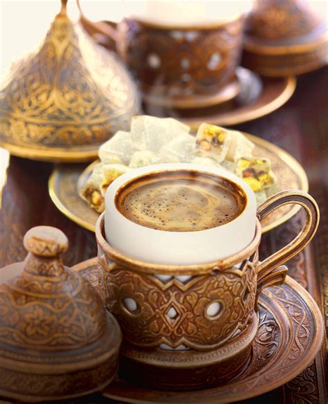 Turkish Coffee Served In Traditional Copper Coated Cups With
