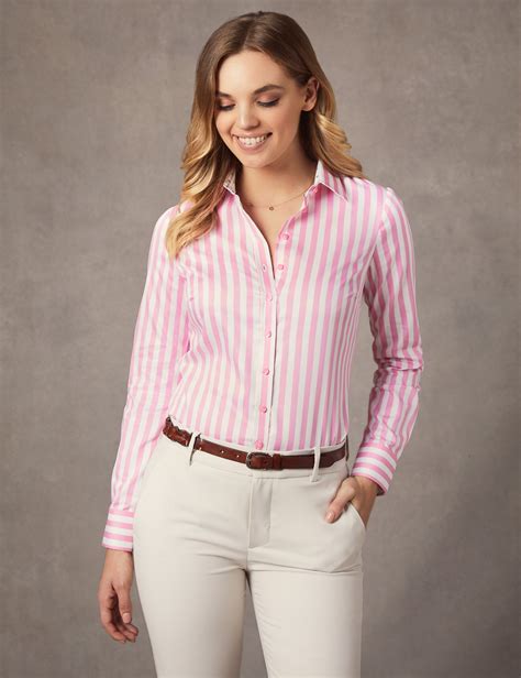Women S Pink White Bold Stripe Semi Fitted Shirt Single Cuff