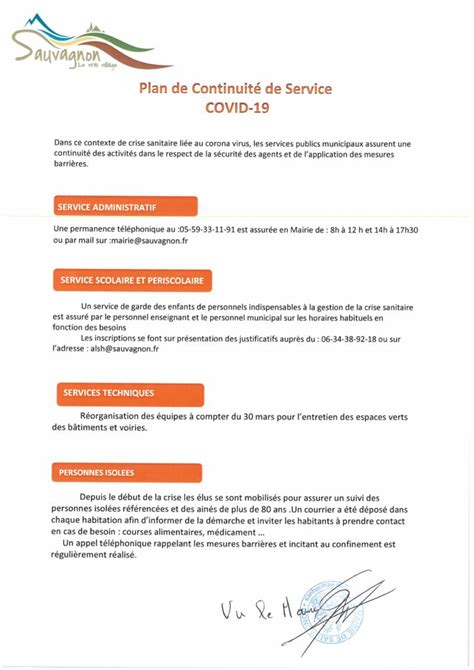 Covid 19 Plan De Continuité De Service Sauvagnon