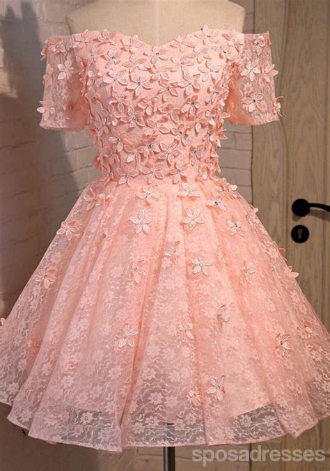 Off Shoulder Short Sleeve Peach Lace Beaded Homecoming Prom Dresses A
