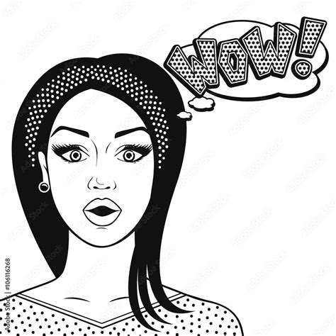 Line Art Suprised Woman Face Wow In Comics Style Black And White Vector Illustration Isolated