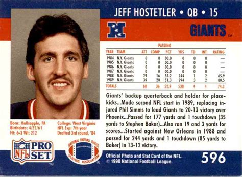 Ungraded & graded values for all '90 pro set football cards. 1990 NFL Pro Set Jeff Hostetler #596 on Kronozio
