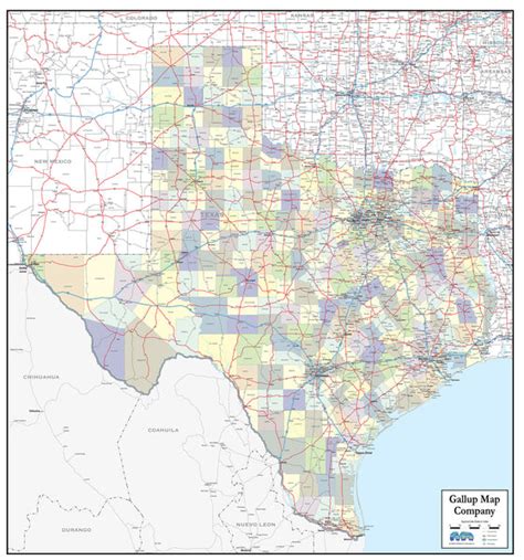 Texas Laminated Wall Map County And Town Map With Highways Gallup Map