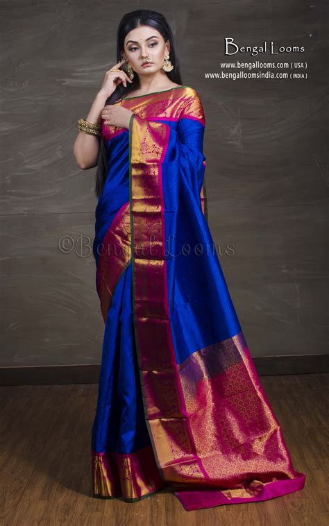 Pure Kanjivaram Silk Saree In Royal Blue Magenta And Gold Fancy Blouse Designs Indian Women