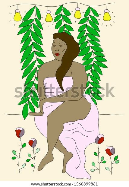 Nude African Woman In Flowers And Leaves Naked Figure Of Girl With