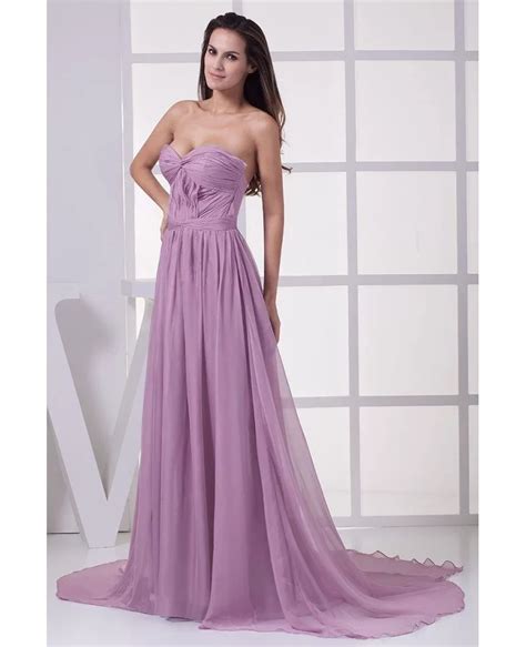 Sweetheart Lilac Purple Pleated Chiffon Long Wedding Dress With Train