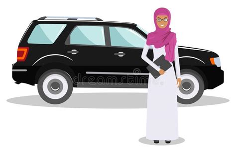Muslim Businesswoman Standing Near The Red Car On White Background In Flat Style Stock Vector