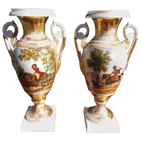 Pair Of French Old Paris Painted And Gilt Porcelain Mantel Urns Circa
