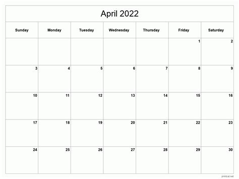 April 2022 Calendar Template Printable Print Now April 2022 Calendar