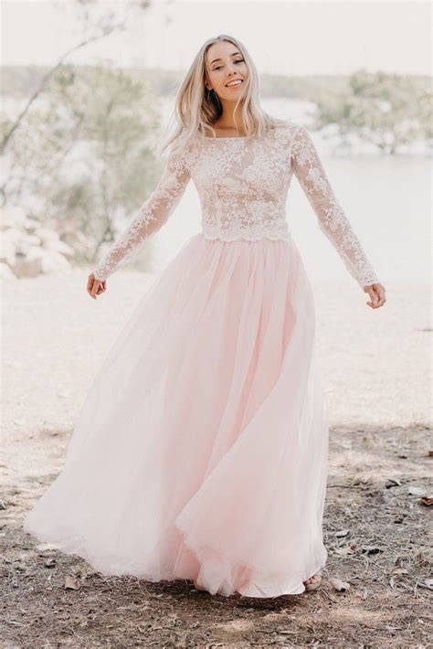 Ivory Lace Long Sleeved Wedding Gown Light Pink Tulle Skirt Long