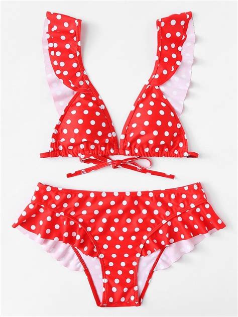Polka Dot Ruffle Trim Bikini Set Sheinsheinside Bikinis Swimsuits