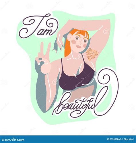 Girl With An Unshaven Armpit Calligraphy I Am Beautiful Illustration Of A Woman With Red Hair