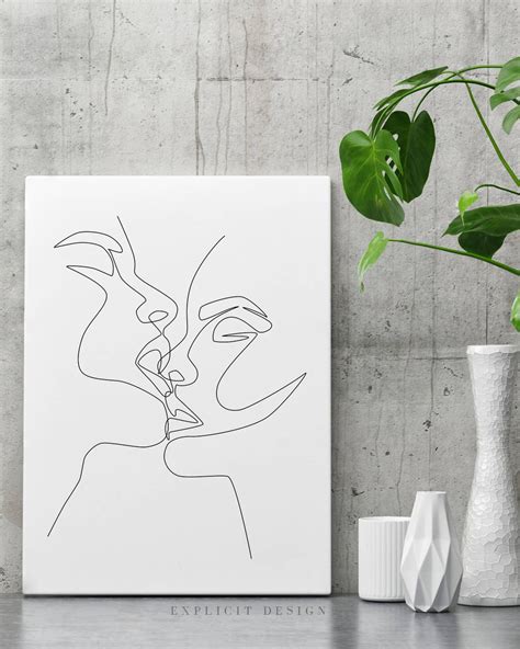 Couple Kiss Printable One Line Drawing Print Black And White Intimacy