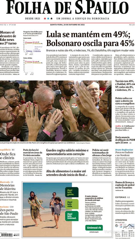 Capa Folha De Spaulo Edição Quinta20 De Outubro De 2022
