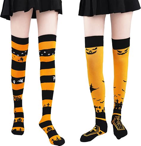 2 Pairs Halloween Thigh High Socks For Girls Women With Cat