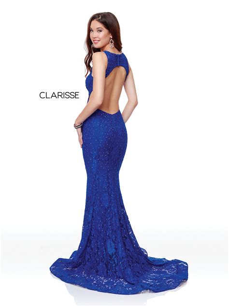 3748 Colbalt Blue Stretch Lace Fit To Flare Prom Dress With An Open