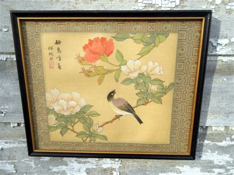Antique Asian Bird Silk Painting With Peach And White Flowers Etsy