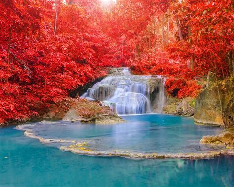 Red Forest Waterfall Turquoise Lake Nature High Quality Hd Wallpaper