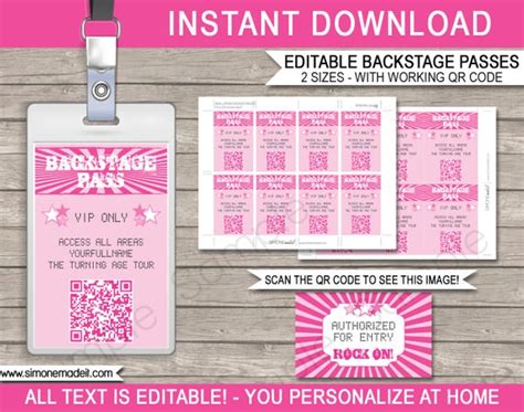 Rockstar Party Backstage Pass Printable Template Concert Vip Pass Instant Download With