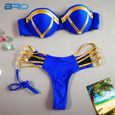 Bro Push Up Bikini Bandeau 2018 Summer Sexy Swimsuit Two Piece Set Patchwork Shiny Strapless