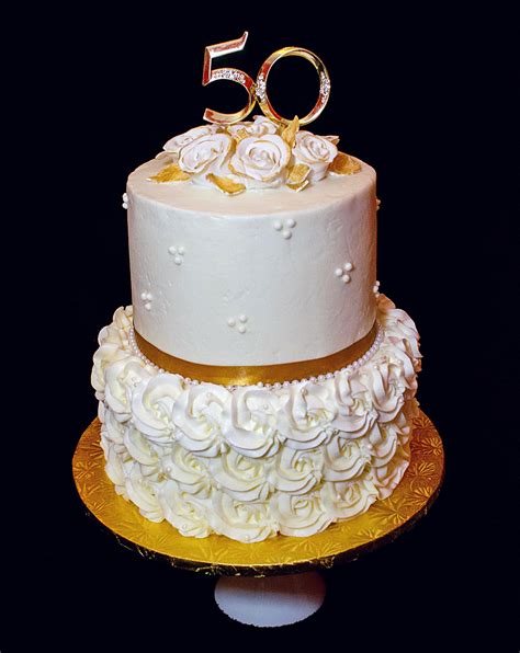 50th Wedding Anniversary Cake Gold White Ivory Pearls Sugar Roses E