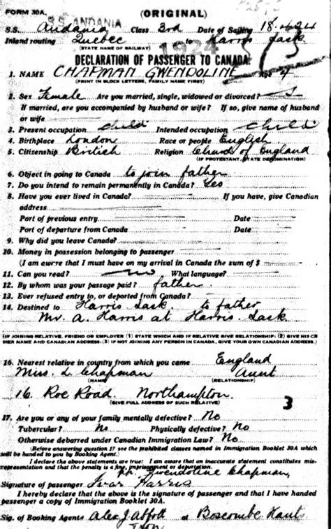 Canada passenger list, Gwen Chapman