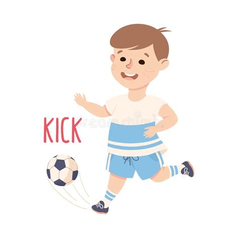 Little Boy In Sportswear Kicking Ball Playing Football Game Vector