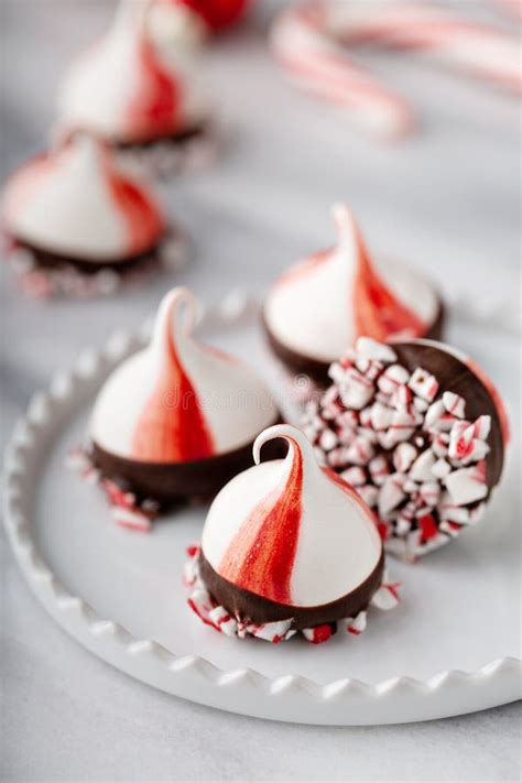 Peppermint Meringue Kisses Dipped In Dark Chocolate Stock Photo Image