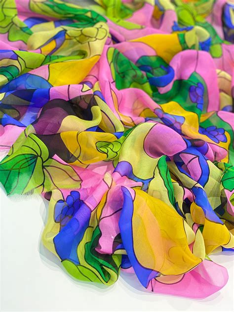 Silk Chiffon Fabric By The Yard Bright Floral Print Fabric Etsy
