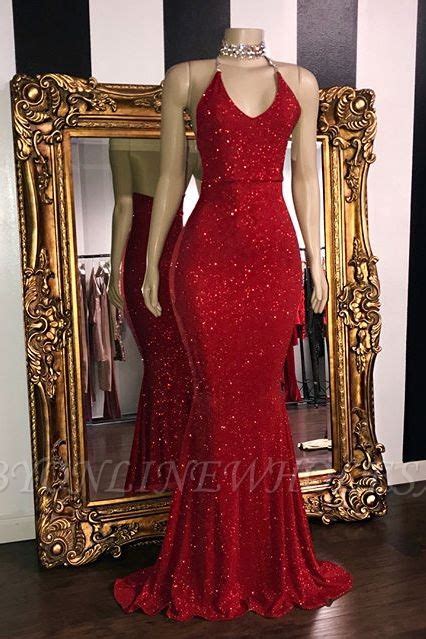 sexy sequins sleeveless mermaid prom dresses glitter 2021 halter red evening gowns