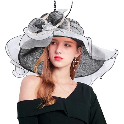 Women Kentucky Derby Church Hat Organza Flower Wide Brim Fascinator Hats For Wedding Tea Party