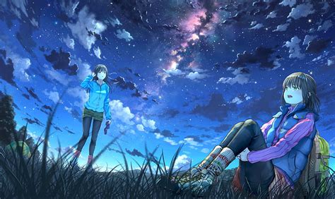 Hd Wallpaper Sky Anime Night Anime Girls Stars Nature People