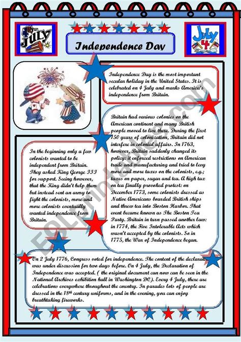 Independence Day July Reading Comprehension Pages Esl Worksheet By Zizou