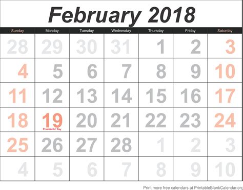 February 2018 Blank Calendar Template Printable Blank
