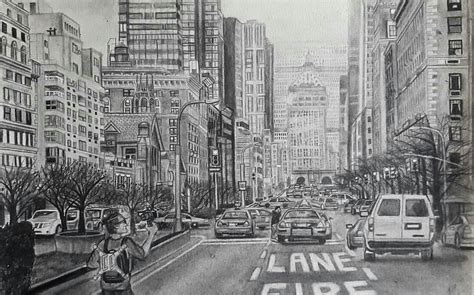 New York Cityscape 297 X 420 Graphite Pencils Rart