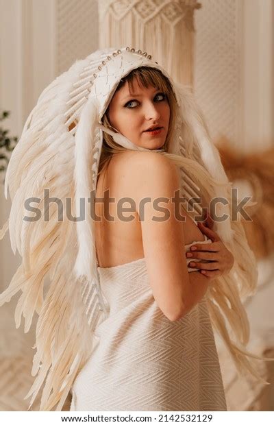 Nude Blonde Woman Wrapped Blanket Indian Stock Photo