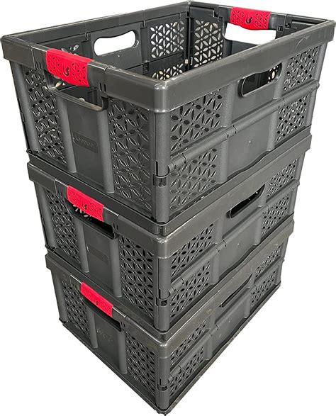 Solent Plastics 3 X 32 Litre Extra Strong Folding Plastic Stacking Storage Crates Box 30kg