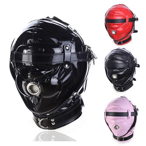 PU Leather Padded Hood Blindfold Lockable Head Harness Mask Open Mouth