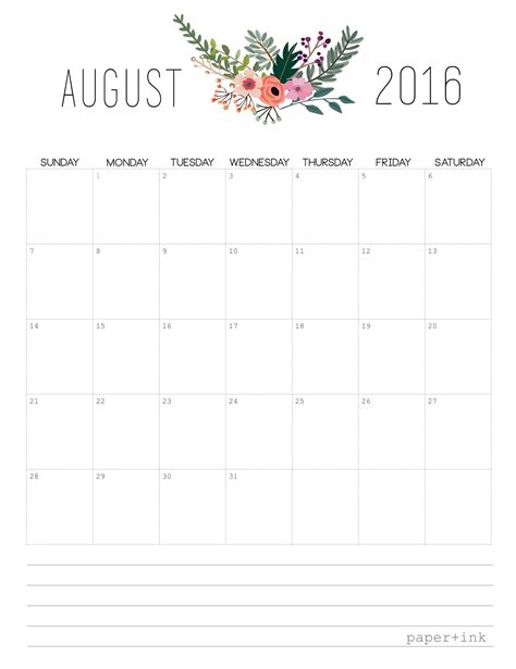 Free Printable August 2016 Calendar