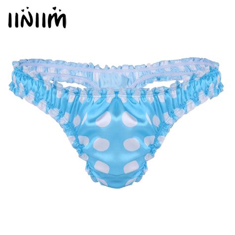 Iiniim Sexy Mens Lingerie Panties Soft Satin Polka Dot Ruffled High Cut Low Rise Bikini Sissy