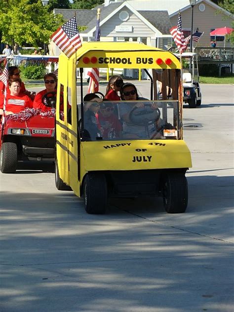 Trump took part in a boat parade to welcome his father, who was in town for a massive campaign rally. School bus | Golf carts, Golf cart decorations, Golf cart ...