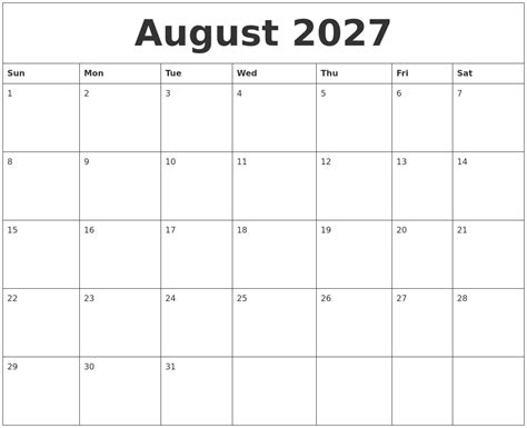 August 2027 Free Printable Monthly Calendar