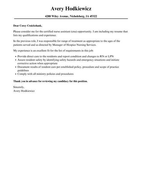 Certified Nurse Assistant (Cna) Cover Letter | Velvet Jobs