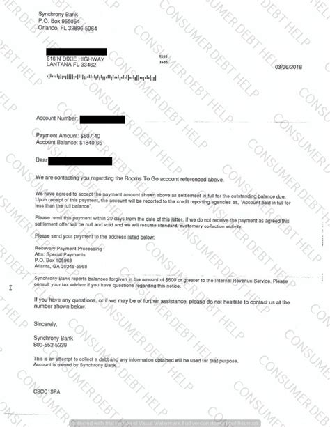 Your are now leaving synchrony. Settlement Letter from Rooms to Go/Synchrony Bank - Consumer DEBT HELP ASSOCIATION