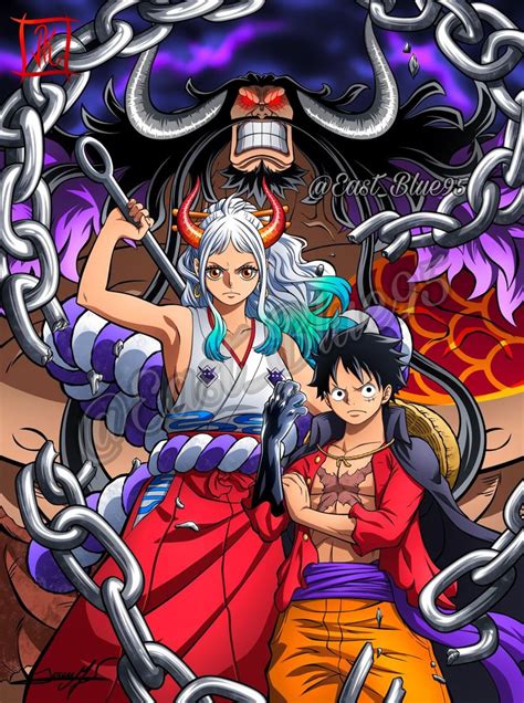 Two Anime Characters Standing Next To Each Other In Front Of A Chain