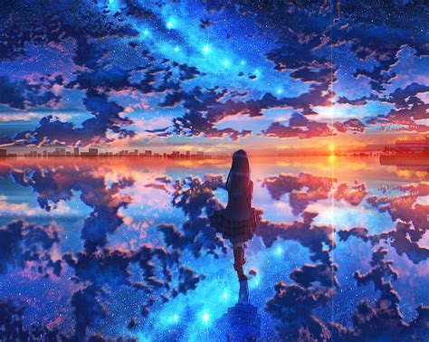 2k Free Download Anime Original City Cloud Girl Reflection