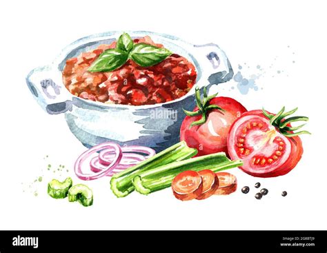 Sauce Bolognese In Bowl And Ripe Tomatoes Watercolor Hand Drawn